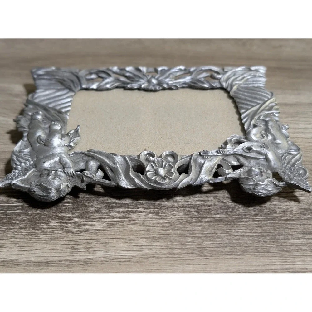 Vintage Ornate Cherub Angel Silver Pewter Style Picture Frame Tabletop Decor